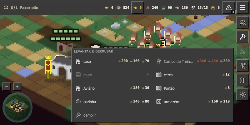 Menu de construção aberto por toque